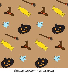 Funny Halloween seamless pattern. Colorful design on craft. Ghost, smiling pumpkin, candy, witch hat and broom. Funny cartoon wallpaper for textile, gift wrap, wallpaper, and fabric. Endless design
