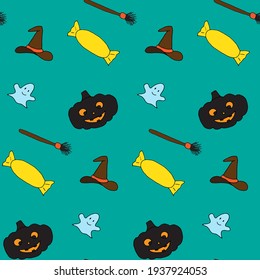 Funny Halloween seamless pattern. Colorful design on blue. Ghost, smiling pumpkin, candy, witch hat and broom. Funny cartoon wallpaper for textile, gift wrap, wallpaper, and fabric. Endless design