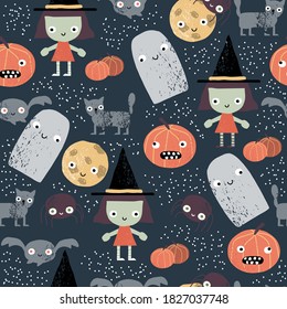 Funny Halloween seamless pattern. Holiday kids print. Vector hand drawn illustration.