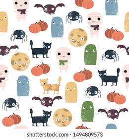 Funny halloween seamless pattern. Kids holiday print. Vector hand drawn illustration.