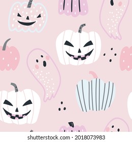 Funny halloween seamless pattern with pastel pumpkins and ghost. Vector autumn illustration