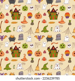 Funny halloween seamless pattern: pumpkin, ghost, witch hat, bat, sweets, spider, broom. Trick or treat concept. Vector illustration in hand drawn style