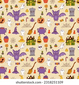Funny halloween seamless pattern: pumpkin, ghost, witch hat, bat, sweets, spider, broom. Trick or treat concept. Vector illustration in hand drawn style