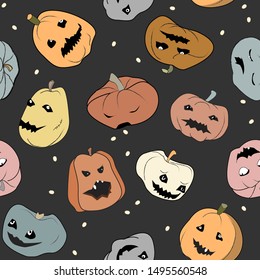Funny Halloween seamless pattern with pumpkins characters. Different characters, colors, forms, and emotions. Vector illustration on dark background