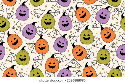 Funny Halloween seamless pattern in trendy groovy retro 70s style. Y2k collection. Cute Pumpkin and spider web. Retro y2k style. Fun pumpkin character. Vector illustration.