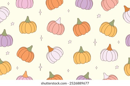 Funny Halloween seamless pattern in trendy groovy retro 70s style. Y2k collection. Cute Pumpkin. Retro y2k style. Fun pumpkin character. Vector illustration.	