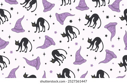 Funny Halloween seamless pattern in trendy Groovy Retro 70s style. Y2k collection. Retro y2k style. Cute Magic Hat and Cat. Fun pumpkin character. Vector illustration.	