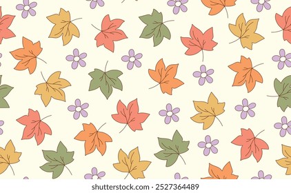 Funny Halloween seamless pattern in trendy groovy retro 70s style. Y2k collection. Cute Daisy flowers, Autumn Leaves. Retro y2k style. Fun pumpkin character. Vector illustration.