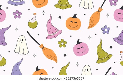 Funny Halloween seamless pattern in trendy groovy retro 70s style. Y2k collection. Cute Daisy, Pumpkin, Magic Hat, Broom, Potion, Ghost. Retro y2k style. Fun pumpkin character. Vector illustration.