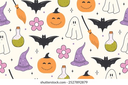 Funny Halloween seamless pattern in trendy groovy retro 70s style. Y2k collection. Cute Daisy, 
Black Cat, Broom, Potion, Ghost, Pumpkin. Retro y2k style. Fun pumpkin character. Vector illustration.	