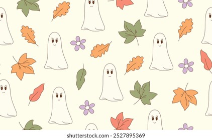 Funny Halloween seamless pattern in trendy groovy retro 70s style. Y2k collection. Cute Ghost, Daisy flowers, Autumn Leaves. Retro y2k style. Fun pumpkin character. Vector illustration.