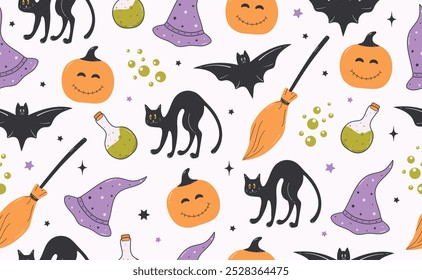 Funny Halloween seamless pattern in trendy groovy retro 70s style. Y2k collection. Cute Pumpkin, Magic Hat, Black Cat, Broom, Potion. Retro y2k style. Fun pumpkin character. Vector illustration.