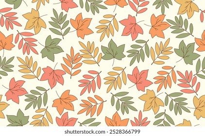 Funny Halloween seamless pattern in trendy groovy retro 70s style. Y2k collection. Cute Autumn Leaves. Retro y2k style. Fun pumpkin character. Vector illustration.	