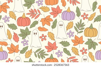 Funny Halloween seamless pattern in trendy groovy retro 70s style. Y2k collection. Cute Ghost, Pumpkin, Daisy flowers, Autumn Leaves. Retro y2k style. Fun pumpkin character. Vector illustration.