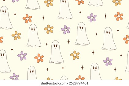 Funny Halloween seamless pattern in trendy groovy retro 70s style. Cute Ghost, Daisy flowers, Autumn Leaves. Y2k collection. Retro y2k style. Fun pumpkin character. Vector illustration.