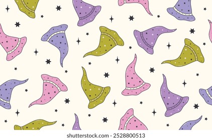 Funny Halloween seamless pattern in trendy Groovy Retro 70s style. Y2k collection. Retro y2k style. Cute Magic Hat and Star. Fun pumpkin character. Vector illustration.