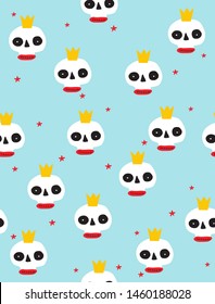 Funny Halloween Seamless Vector Pattern with Abstract Hand Drawn Skulls on a Blue Background. Scary Hallowen Party Design. Cute Halloween Wallpaper. Dead King Heads. Mexican Skulls Abstract Pattern.