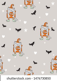 Funny Halloween SeamlessVector Pattern with Witch Cats and Flying Bats. Cat in Witch Costume Isolated on a Gray Background.Night Sky with White Stars. Halloween Print. Cute Halloween Wallpaper.