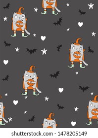 Funny Halloween SeamlessVector Pattern with Witch Cats and Flying Bats. Cat in Witch Costume Isolated on a Dark Gray Background.Night Sky with White Stars. Halloween Print. Cute Halloween Wallpaper.