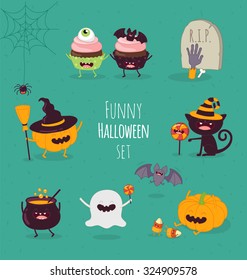 Funny Halloween set magic potion, cupcakes, pumpkin, ghost, bat, sweets, grave. Vector illustration. You can use in the menu, in the shop, in the bar, the card or stickers. Easy to edit.