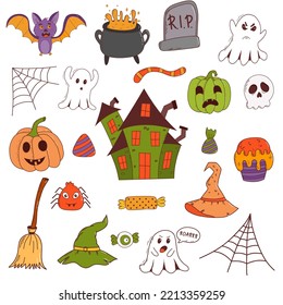 Funny halloween set: pumpkin, ghost, witch hat, bat, sweets, spider, broom. Trick or treat concept. Vector illustration in hand drawn style