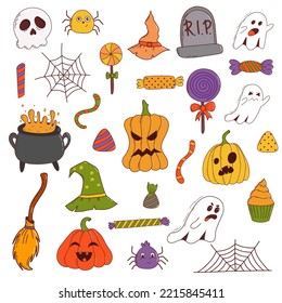 Funny halloween set: pumpkin, ghost, witch hat, bat, sweets, spider, broom. Trick or treat concept. Vector illustration in hand drawn style