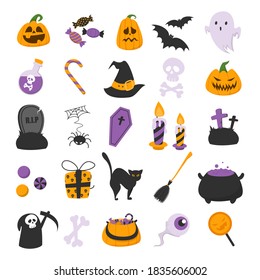 Funny halloween set vector isolated. Illustration of orange, violet and black symbols of october holiday halloween. Skull, ghost, pumpkin and bat.