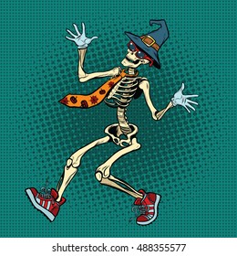 Funny Halloween skeleton in a fashionable tie and shoes, pop art retro vector illustration. Jolly Roger