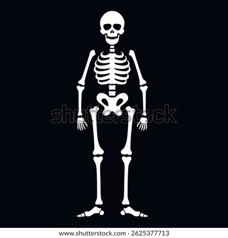Funny Halloween skeleton human bone silhouette horror costume vector flat illustration. Scary creepy person skull cartoon dead decoration skittish white anatomy character body skeletal anatomical