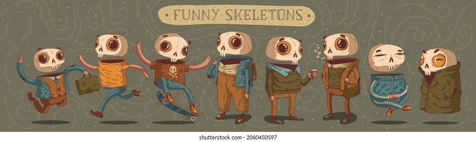Divertido conjunto de esqueletos de Halloween. Ocho lindos dibujos animados de ojos grandes en diferentes circunstancias con diversas emociones en contra de un fondo abstracto de ramita. Valioso paquete de etiquetas