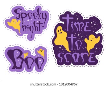 Funny halloween stickers with ghosts. Nice graphic objects for party night. Vector print design for notebooks, poster, banner, t-shirt. Boo, time to scare and spooky night speech bubbles