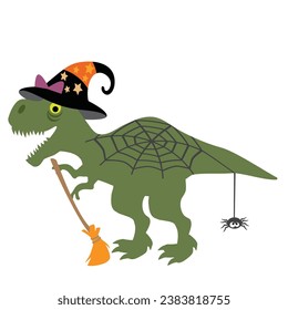 Funny Halloween t rex witch vector cartoon illustration 