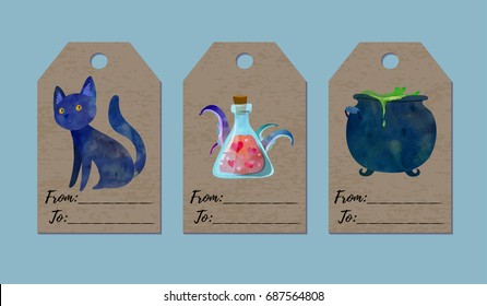 Funny Halloween tags with black cat, love potion and witch's cauldron. Watercolour imitation elements.