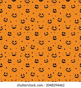 Funny Halloween texture with funny pumpkin face. Seamless pattern. Vector