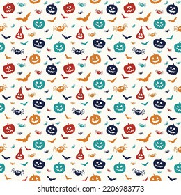 Funny Halloween texture with pumpkins, bats and spiders. Seamless pattern. Vector