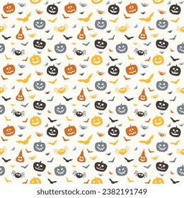 Funny Halloween texture with pumpkins, bats and spiders. Seamless pattern. Vector
