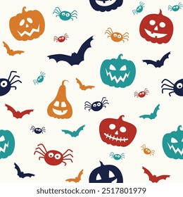 Funny Halloween texture with pumpkins, bats and spiders. Seamless pattern. Vector