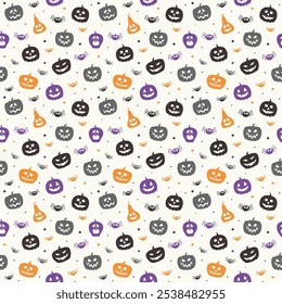 Funny Halloween texture with pumpkins and spiders. Seamless pattern. Vector