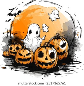 Divertida ilustración temática de Halloween, hay un grupo de Jack-O-Lanterns en el centro frente a un fondo circular de Vertical en blanco, fantasmas parecidos a Casper de aspecto divertido que vuelan alrededor