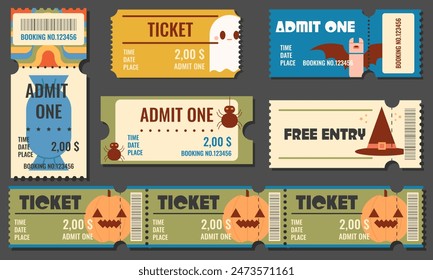 Funny Halloween tickets. Admit one coupon vector templates for Halloween Party.Paper ticket stubs and entrance pass set with candy,spider,pumpkin and other Haloween symbols.Vector illustration EPS 10