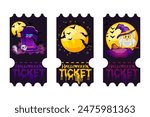 Funny Halloween tickets. Vector templates for Halloween party. Paper ticket stubs and entrance passes with moon, tombstone, owl and Halloween symbols