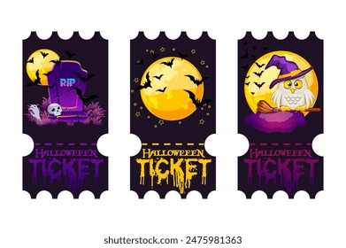 Funny Halloween tickets. Vector templates for Halloween party. Paper ticket stubs and entrance passes with moon, tombstone, owl and Halloween symbols