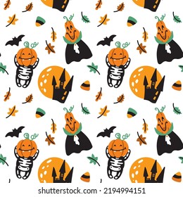 Funny halloween, vampire, dracula castle, pumpkins. Seamless pattern. Kids print.