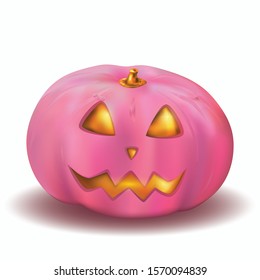 Funny halloween vector background of a drawn pumpkin in realistic style. Glamorous pink pumpkin with gold. The luminous face of Jack O. Lantern for Halloween.