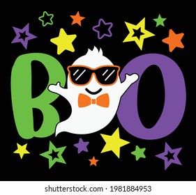 Funny Halloween vector design for kids, Cute little ghost with glasses, Halloween t-shirt design