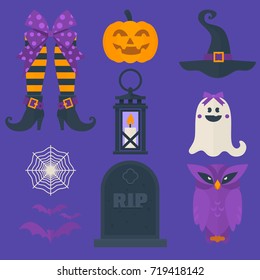 Funny Halloween vector icons set. Including sweets bag, owl, pumpkin,ghost, bats,lantern,witch and Other Elements. Flat Vector illustration. Cute Halloween Characters.