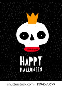 Funny Halloween Vector Illustration with Abstract Hand Drawn Skull on a Black Background. Scary Party Grunge Design for Card, Poster, Invitation, Halloween Decoration. Handwritten Happy Halloween.