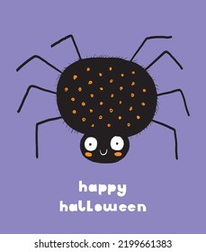 Funny Halloween Vector Illustration and Big Black Smiling Spider  Fat Happy Tarantula   Handwritten Happy Halloween Violet Background  Infanile Style Drawing ideal for Halloween Card  Poster 