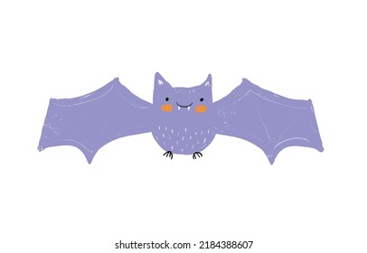 Funny Halloween Vector Illustration with Cute Kawaii Style Hand Drawn Flying Bat.Lovely Print with Violet Little Vampire Bat on a White Background ideal for Card,Wall Art, Poster.Cool Halloween Print.