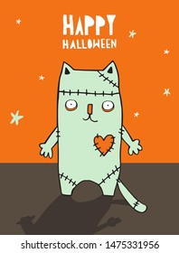 Funny Halloween Vector Illustration with Dead Cat. Scary Green Cat with Stitches on an Orange Background. Night Sky with White Stars. Halloween Art for Card, Poster, Label, Printing.